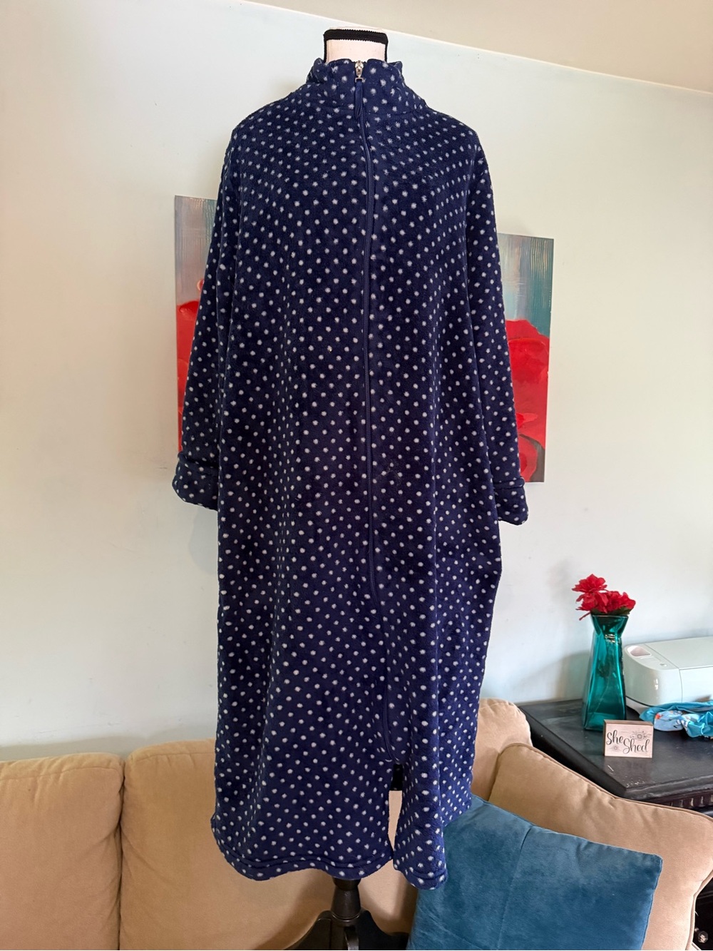 Oscar de la Renta Fleece Robe Women S Blue Full Zip Cozy Lounge Wear L/XL